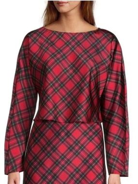 Antonio Melani Tartan Plaid Crop Top Sz M Boat Neck Long Sleeve NWT